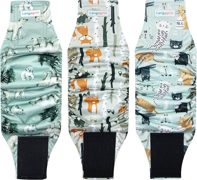 Langsprit Male Belly Bands for Dogs (Pack of 3) - High Absorbing Dog Wraps Male Washable - Reusable Dog Diapers (Fox,Cat,Polar Bear, XX-Large)