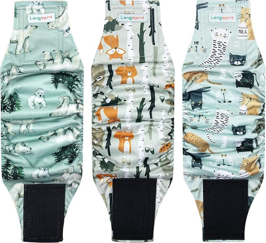 Langsprit Male Belly Bands for Dogs (Pack of 3) - High Absorbing Dog Wraps Male Washable - Reusable Dog Diapers (Fox,Cat,Polar Bear, Small)