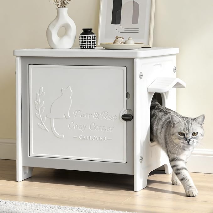 Cat Litter Box Enclosure Furniture Plastic Hidden Enclosed Litter Box Cabinet Cat House Kitty End Table for Living Room, Entryway, Balcony, Bedroom