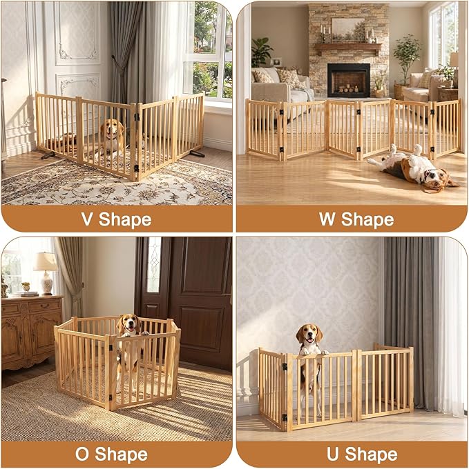 YOCAN Non-Painted Wooden Freestanding Dog Gate, Pet Gate for Indoor Use, Dog Fence for Doorways, Stairs & House, Step-Over Design, Easy to Install-8 Panel 23"
