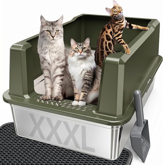 XXL Stainless Steel Cat Litter Box with Lid, 26" L x 18" W x 12" H Metal Litter Box with Hight Sides for Big Cats & Multiple Cats, Never Absorbs Odors, Anti-Urine Leakage, Easy Cleanin(Green)