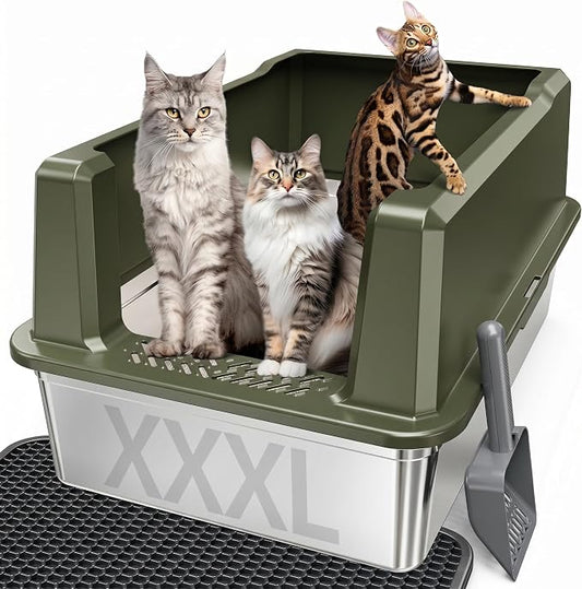 XXL Stainless Steel Cat Litter Box with Lid, 26" L x 18" W x 12" H Metal Litter Box with Hight Sides for Big Cats & Multiple Cats, Never Absorbs Odors, Anti-Urine Leakage, Easy Cleanin(Green)