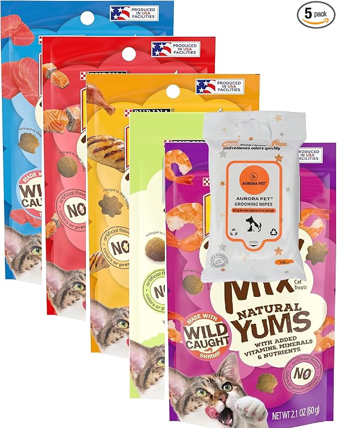 (5 Pack) Natural YUMS Cat Treats (Salmon, Tuna, Chicken, Shrimp, Catnip) 2.1-oz Each with AuroraPet Wipes