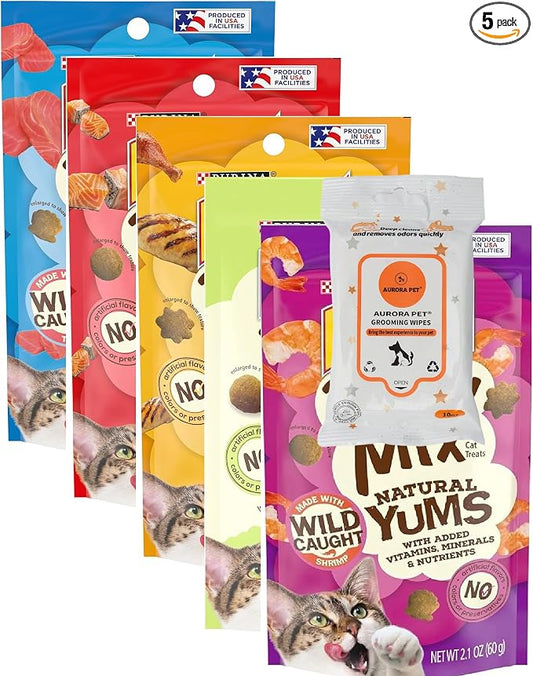 (5 Pack) Natural YUMS Cat Treats (Salmon, Tuna, Chicken, Shrimp, Catnip) 2.1-oz Each with AuroraPet Wipes