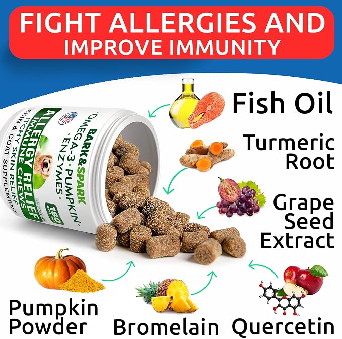 BARK&SPARK Dog Allergy Relief Soft Chews for Skin Health & Seasonal Allergies - Anti-Itch Supplement w/Omega-3, Quercetin & Bromelain Immune Treats for Dry Skin & Hot Spots - Chicken Liver - 180ct