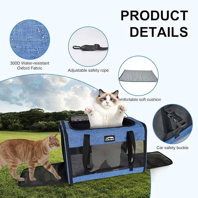 Soft Sided Cat Carrier for Large Cats, Pet Carrier for 2 Cats or Small Dogs Up to 25Lbs, Large Cat Carrier with Shoulder Strap, Cat Car Carrier with Safety Rope, Cat Carriers 20x13x13 inches, Blue