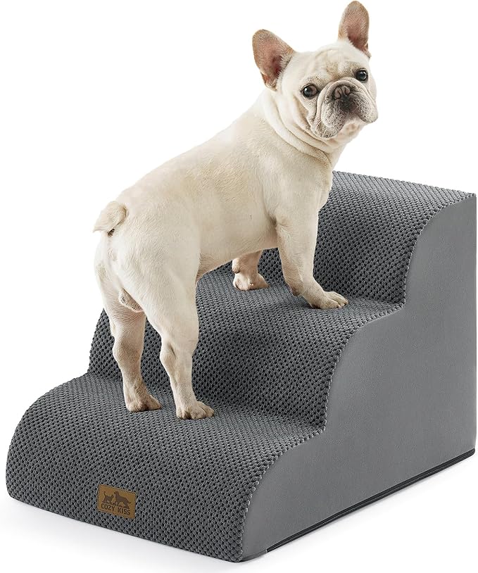 COZY KISS Wide Dog Stairs for Small Dog 15.7" H, Pet Step for Puppy, Older Cat, Curved Ramp for Couch, Durable Anti-Slip Ladder with High Density Foam, 3 Step, 17.7x22.4x15.7 inch, Dark Grey