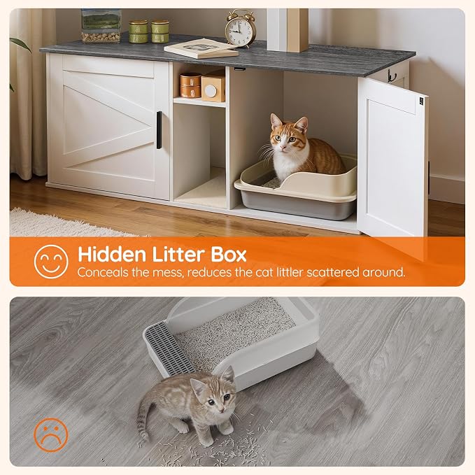 HOOBRO Double Litter Box Enclosure, Modern Cat Litter Box Furniture with Storage and Mat Design, Farmhouse Hidden Litter Box Enclosure with 2 Hooks, White and Charcoal Gray BW23MW01