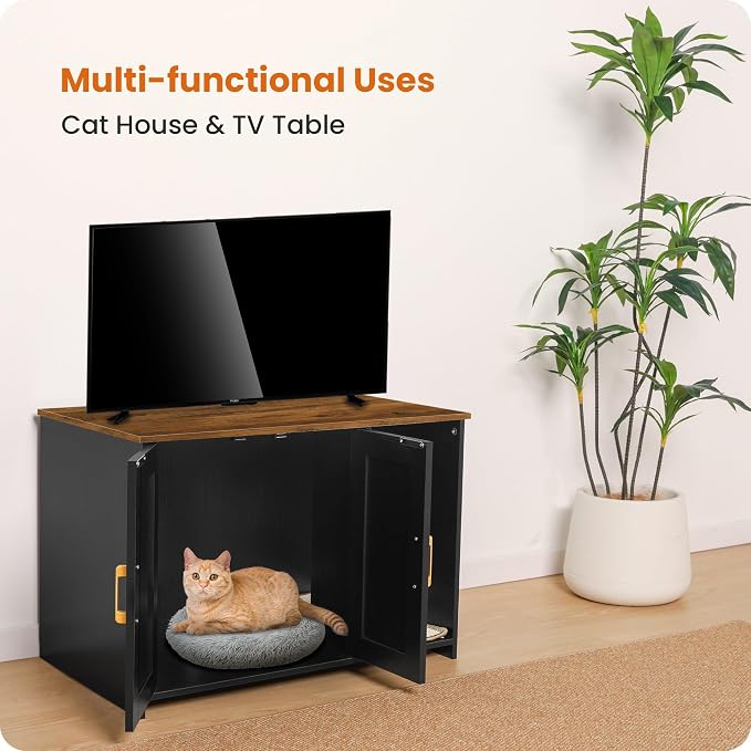 DWANTON Litter Box Enclosure, Cat Litter Box Furniture Hidden, with Scratching Mat, Wooden Cat Washroom Indoor, 31.5" L x 19.7" W x 21.7" H, Black and Warm Brown