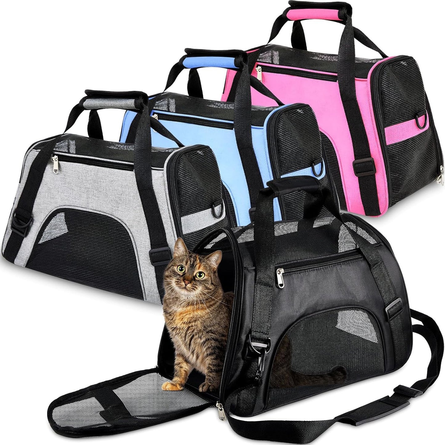 Sweetude 4 Pcs Cat Carrier Soft-Sided Pet Carrying Bag for Cat Under 13 Lbs, 16.9 x 11x 7.5 Inch, Portable Foldable Comfortable Bag for Small Pet Travel(Black, Gray, Pink, Blue)