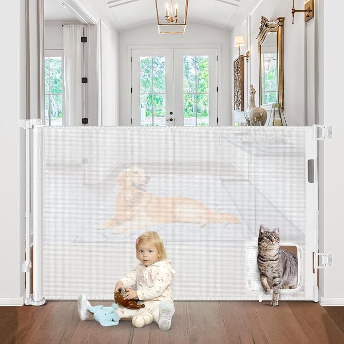 Retractable Baby Gates with Cat Door 80" Wide Retractable Dog Gate with Pet Door Outdoor Retractable Gate for Dogs Retractable Pet Gate with Door Mesh Baby Gate Retractable Mesh Dog Gate (White)