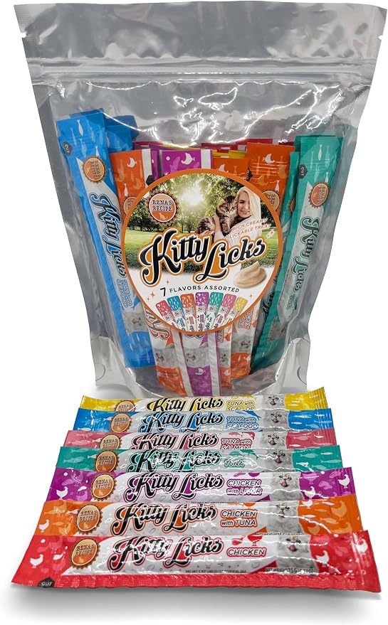 Rena's Recipe Kitty Licks Lickable Cat Treats Variety Pack, 28 Tubes | Creamy purée cat treats in 7 delicious flavors, including tuna and chicken.