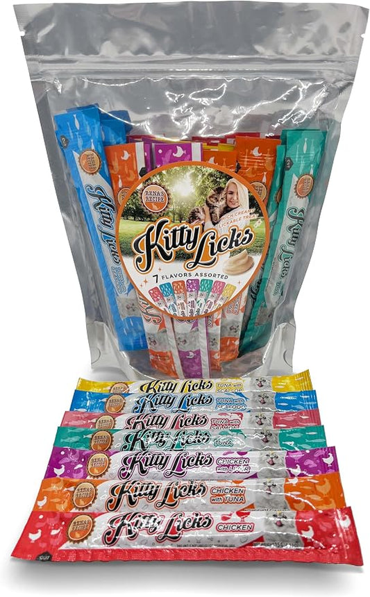 Rena's Recipe Kitty Licks Lickable Cat Treats Variety Pack, 28 Tubes | Creamy purée cat treats in 7 delicious flavors, including tuna and chicken.