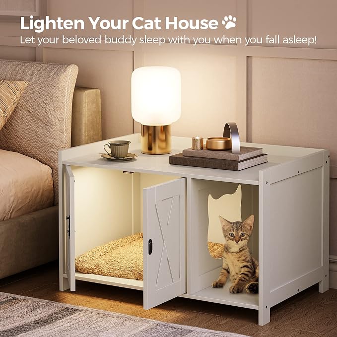 MAHANCRIS Cat Litter Box Enclosure, Hidden Litter Box Furniture with Divider, Indoor Cat House, Wooden Cat Washroom Storage Cabinet Bench, Side End Table Nightstand, White CWWT2501