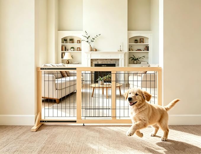 Freestanding Wooden Dog Gate for Doorways & Stairs, Adjustable Width 23.6"–45.3", Foldable No Drill Pet Gate for Small Dogs & Puppies, Indoor Dog Barrier, 19.7" Tall