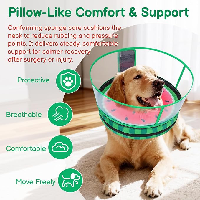 Sponge Dog Cone After Surgery, No Inflation Required Dog Donut Collar to Stop Licking, Inflatable Cone Alternatives for Large Pets, Soft Recovery Collar with Protective Shield (Watermelon, L)