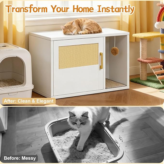 Cat Litter Box Enclosure, Hidden Litter Box Furniture with Door & Bell, Pet House Fit Most of Litter Box, White