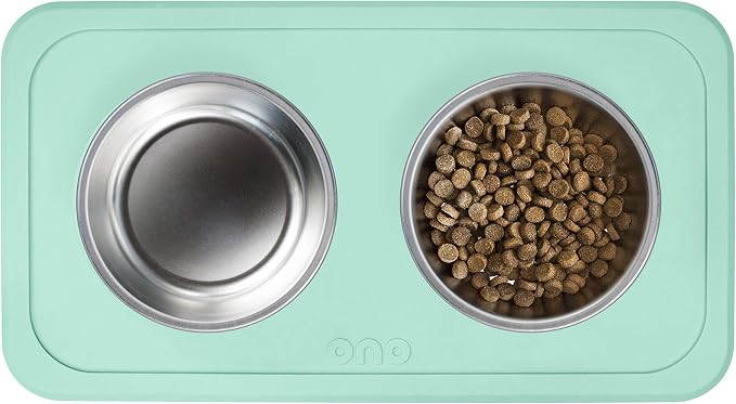 Ono Good Bowl Food & Water Double Feeder - Small to Medium Pets No Spill Non Skid Silicone Mat & Stainless Steel Bowls for Dogs or Cats (Mint)