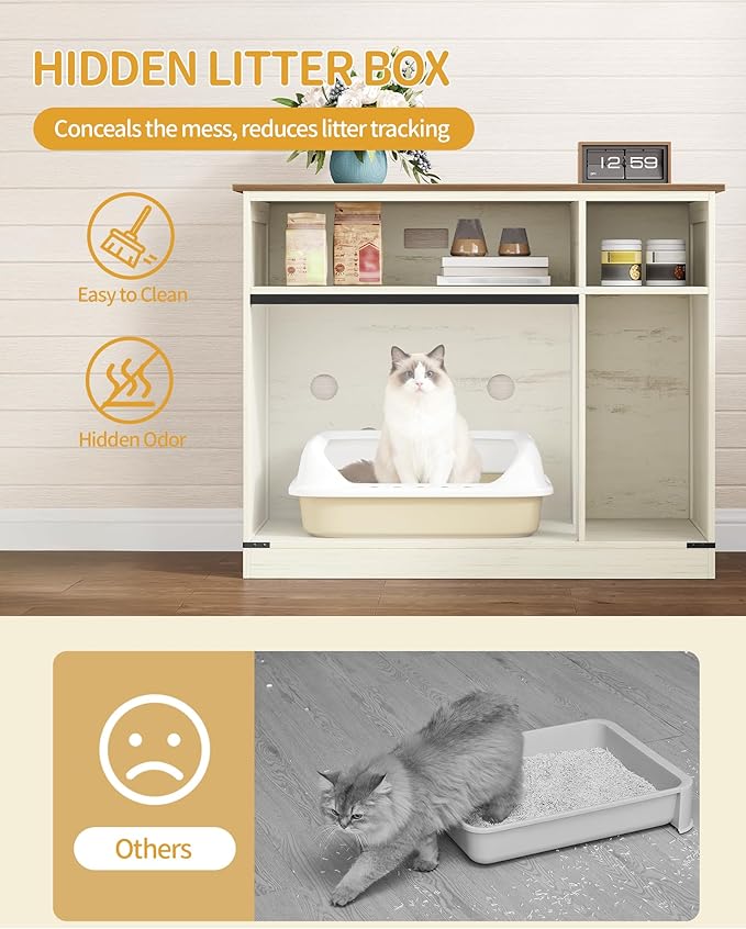 Hzuaneri Cat Litter Box Enclosure, Hidden Litter Box Furniture with Storage, Wooden Cat Cabinet with Scratch Pad, Farmhouse Cat Washroom, TV Stand End Table, Rustic Brown and White CB88614X