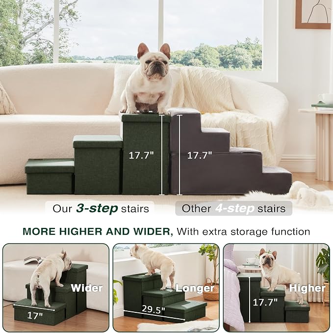Love's cabin Dog Stairs for High Bed 18" H, Foldable Pet Stairs for Small Medium or Large Dogs Puppy with Storage for Bed or Couch, Cat Dog Steps Ramp with Zip up to 200 lbs, Dark Green, 3 Steps