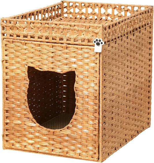 Handwoven Rattan Cat Litter Box Enclosure for Large Litter Box, Includes 1 Litter Mat & 2 S-Hook Attachments, Furniture-Grade Hidden House for Living Room, Bedroom, 24.6"x24"x19.88", Natural