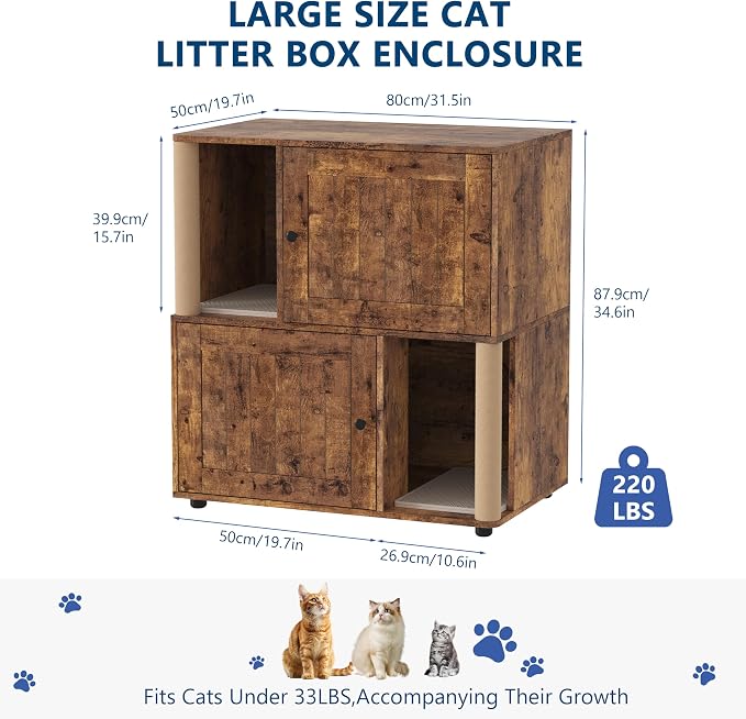 Cat Litter Box Enclosure, Two-Story Wooden Hidden Litter Box Furniture with Scratching Post, Multi-Level Cat Washroom Cabinet for 2 Cats, Reinforced Wood Frame & Ventilated Design for Small Apartment