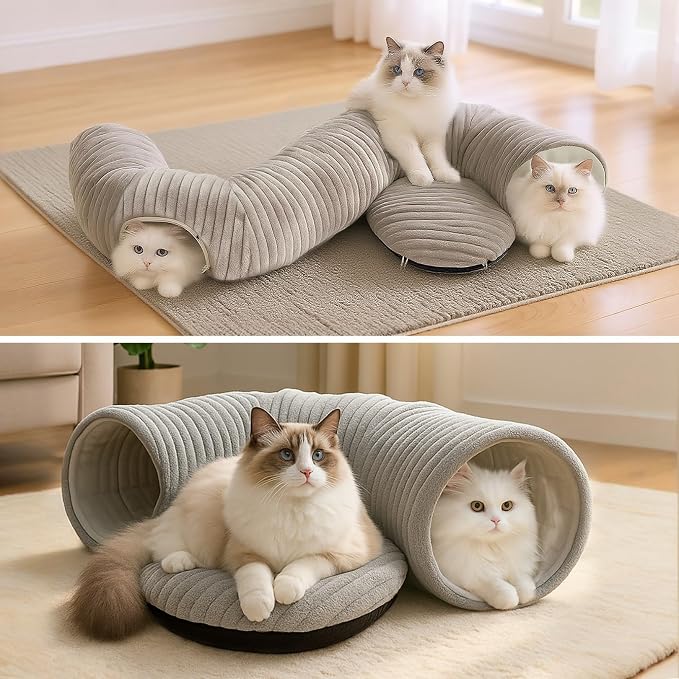 Cat Tunnel Bed with 31 Pcs Interactive Cat Toys, Automatic Cat Toys for Indoor Cats Kittens, Cat Tube with Moving Ball, Grey