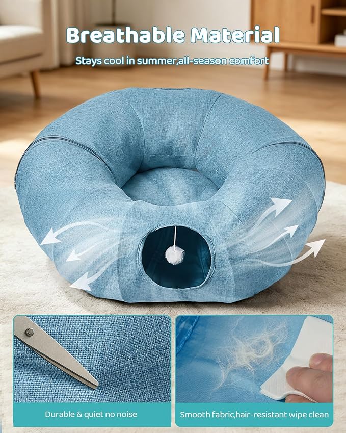 Odoland Linen Cat Tunnels with Central Cat Bed, Interactive Cat Toys Detachable Washable Soft Mat Large Indoor Play Tunnel Cave for Kittens, Cats and Small Animals