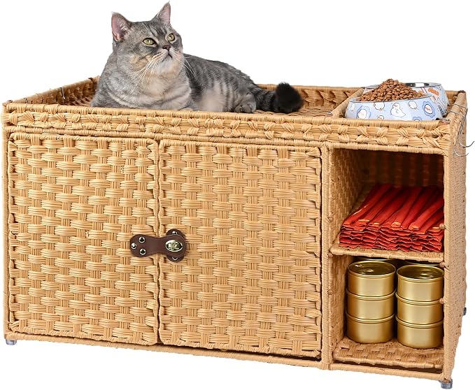 Aesthetic Cat Litter Box Enclosure, Handwoven Rattan Hidden Litter Box Furniture with Extra Mat and Fence, Large Space Litter Box Cover with Divider for Bedroom Living Room Balcony, Yellow