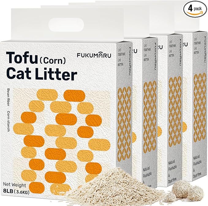 FUKUMARU Tofu Cat Litter - Natural Lightweight Bean Dregs & Corn Starch Cat Litter Pellets, Dust Free Quick Clumping, Effective Odor Control, Flushable, Low Tracking, 32lb (8lb x 4 Bags)