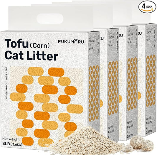 FUKUMARU Tofu Cat Litter - Natural Lightweight Bean Dregs & Corn Starch Cat Litter Pellets, Dust Free Quick Clumping, Effective Odor Control, Flushable, Low Tracking, 32lb (8lb x 4 Bags)