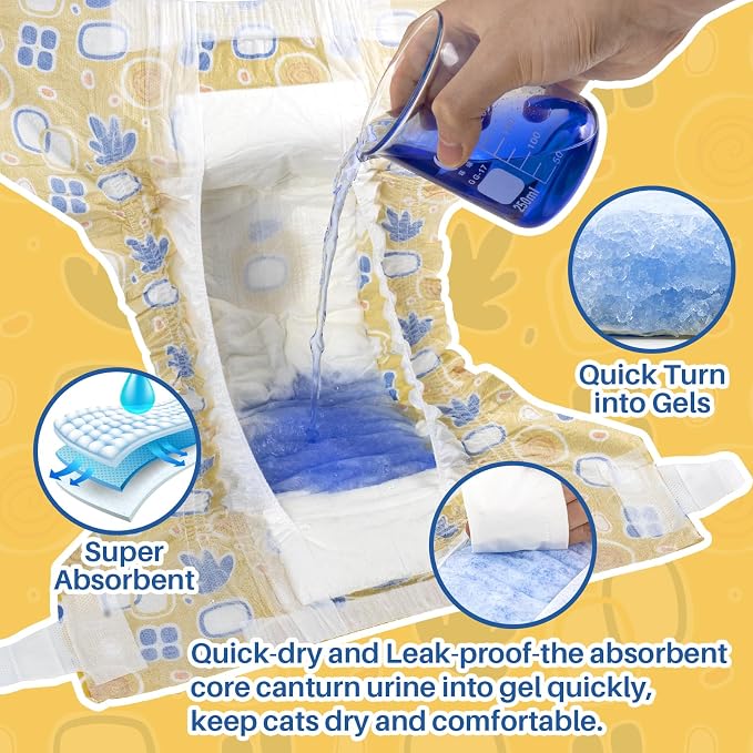 Pet Soft Disposable Cat Diapers - Diaper for Female & Male Cats, Puppy Doggie Diapers for Female Dogs with Adjustable Foam Tail Hole, Medium (24Pcs, Yellow)
