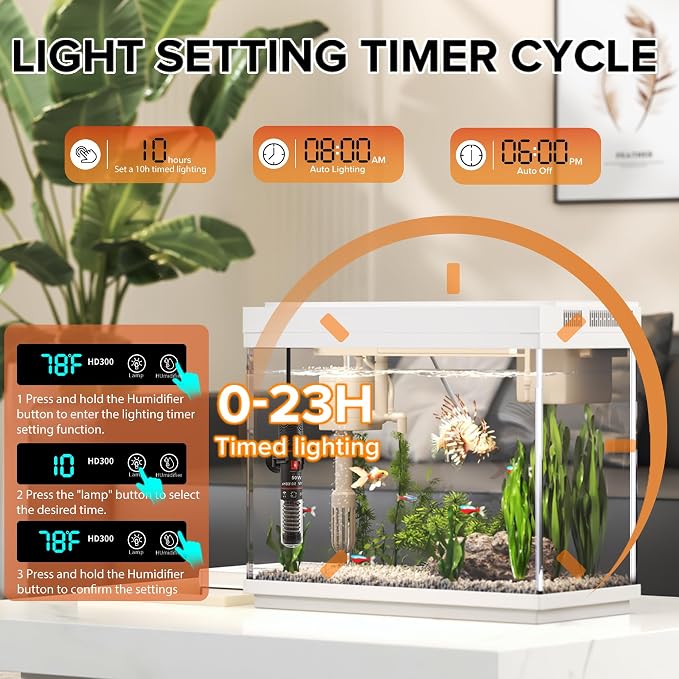 Vehipa Aquarium, 2.4 Gallon Betta Fish Tank with Heater, Humidifier 3 in 1 Pump - Filteration & Oxygenation & Circulation, Temperature Display, HD Glass, Timed 7-Color Lights