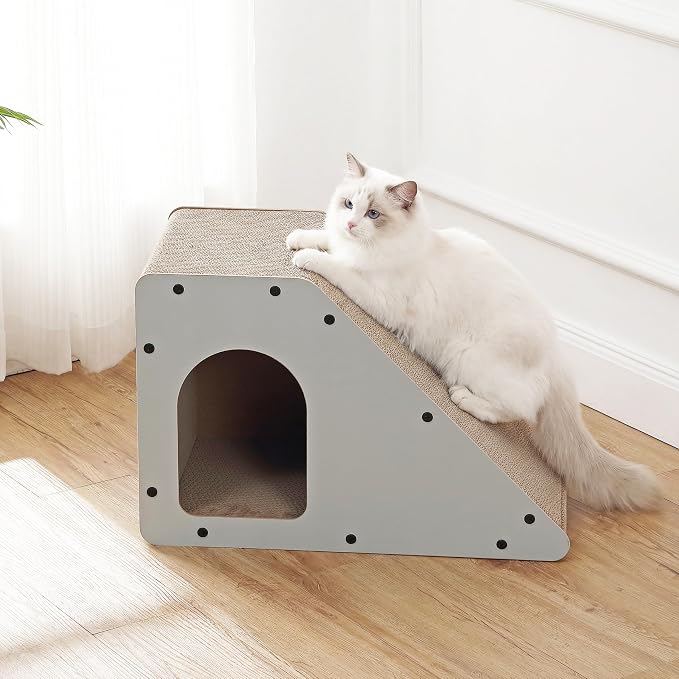 Kento 23.63" Modern Cardboard Cat Cave Scratcher with Catnip, Angled Trapezoid Hideaway House and Scratching Lounge for Indoor Cats, Gray CSR1008H
