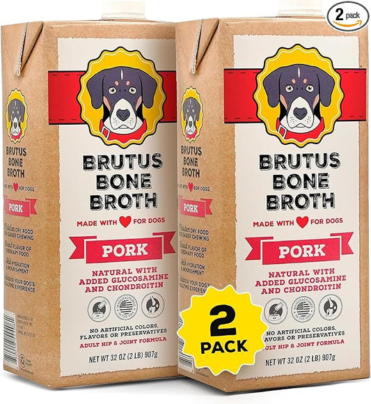 Brutus Bone Broth Liquid for Dogs | All Natural | Made in USA | Glucosamine & Chondroitin for Healthy Joints | Human Grade Ingredients | Hydrating Food Topper, Gravy & Treat (Pork, 2-Pack)