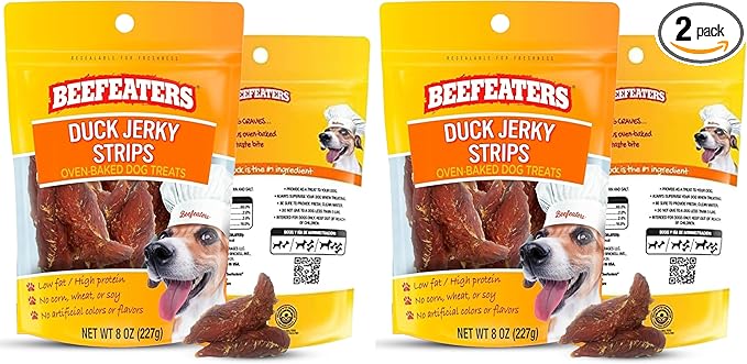 Beefeaters Duck Jerky Strips for Dogs, 8oz – Dog Treat. Oven-Baked, High Protein, Low Fat, No Corn, Soy, or Wheat, Ideal for Training (Pack of 2)