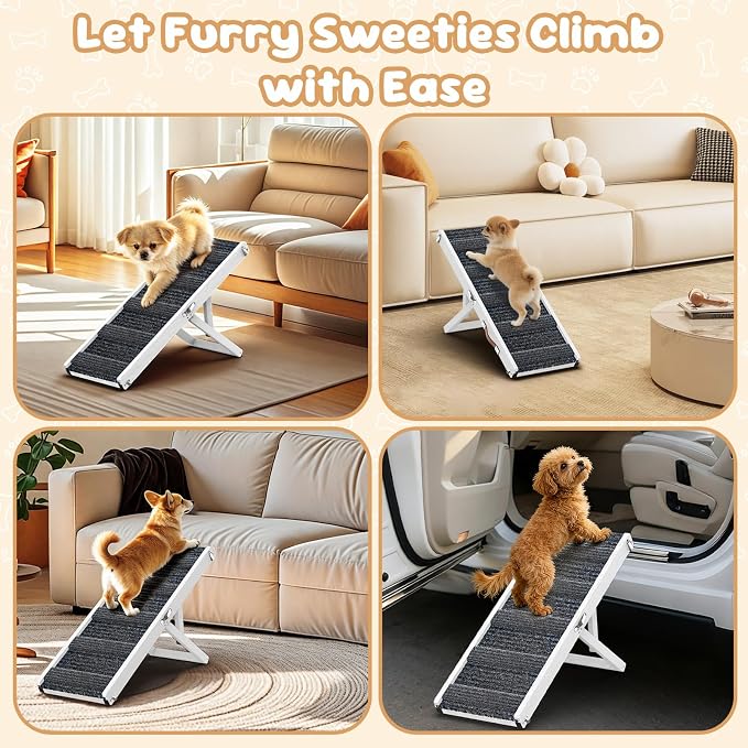 Pawaboo Foldable Dog Ramp, Small Dog Ramp for Couch, 4 Adjustable Height from 13'' to 21", Stable Pet Steps with Non-Slip Pad, Portable Pet Ramps Use for Couch Sofa Stairs, White