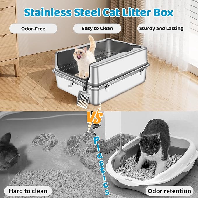Extra Large Stainless Steel Cat Litter Box, 27.5" L x 19.7" W x 14" H XXXL Semi Enclosed Removable Metal Litter Tray with High Sided Enclosure, Scoop, Anti-Leakage, Non-Sticky, Easy Cleaning