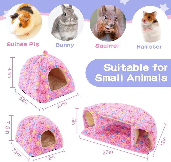 MABOZOO 3 Pack Guinea Pig House Accessories, 2 Cozy Guinea Pig Bed and Hideout Tunnel, Chinchillas Hideout for Hamster, Rabbit, Bunny, Chinchillas (Pink, L)