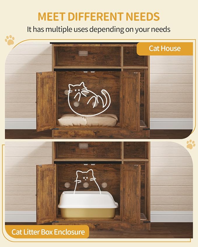 Hzuaneri Cat Litter Box Enclosure, Hidden Litter Box Furniture with Storage, Wooden Cat Cabinet with Scratch Pad, Farmhouse Cat Washroom, TV Stand End Table, Rustic Brown CB87501X