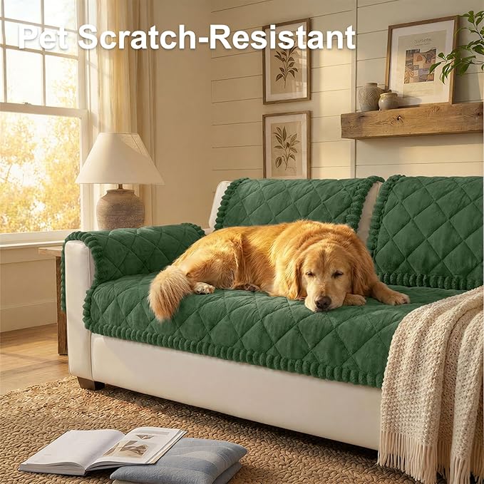 Smiry Couch Cover for Dogs, Non Slip Washable Pet Sofa Protector for Large Dogs, Cats, Fuzzy Plush Sofa Covers for 2 Cushion Couch, Against Fur, Dirt & Scratch Resistant, Green, 27.6"×59"
