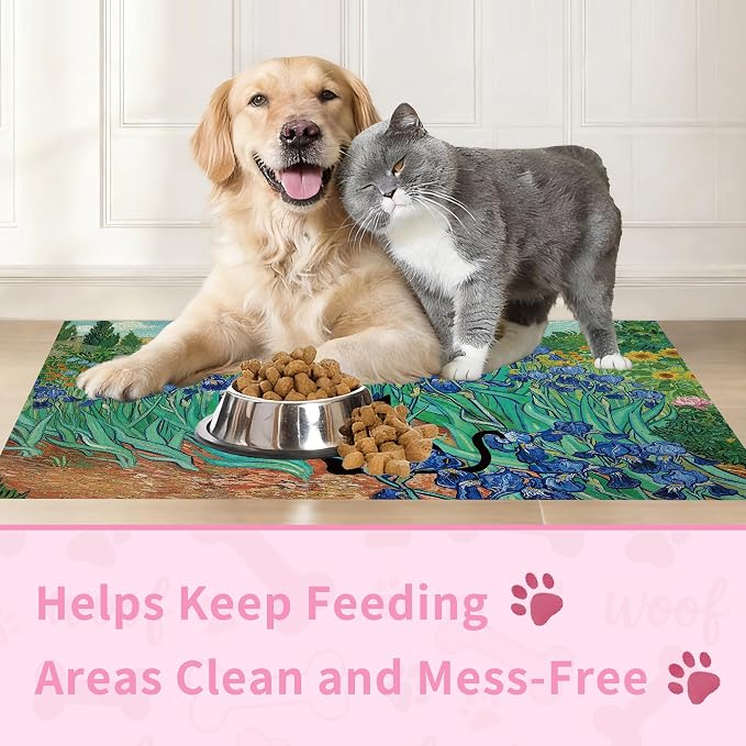 Black Cat Pet Feeding Mat, Absorbent Dog/Cat Food Mat for Food and Water Bowl, Non-Slip Quick Dry Pet Placemat Floor Protector for Messy Drinkers(16 x 24 in)