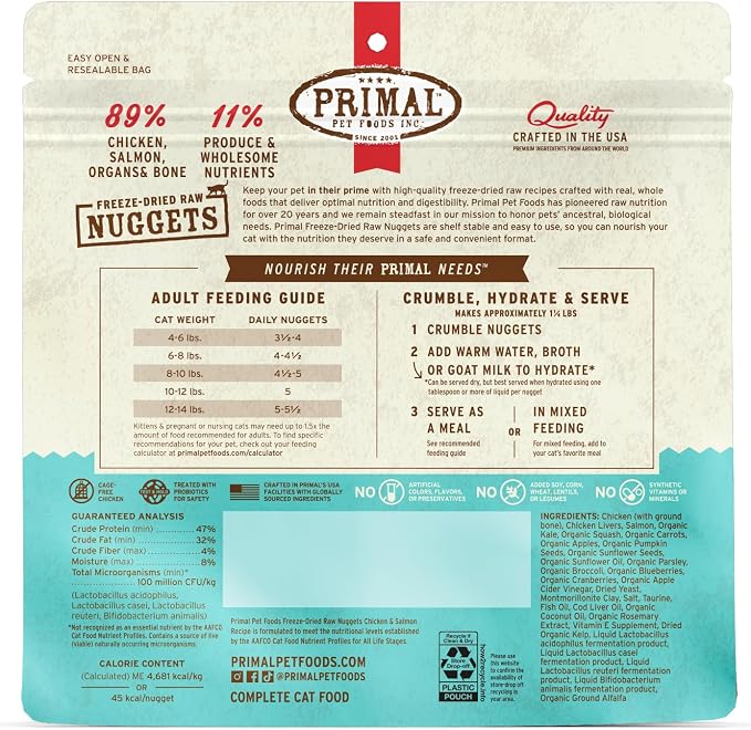 Primal Freeze Dried Raw Cat Food Nuggets Chicken & Salmon, Complete & Balanced Meal or Topper, Premium, Healthy, Grain Free, High Protein Raw Cat Food with Probiotics (5.5 oz)