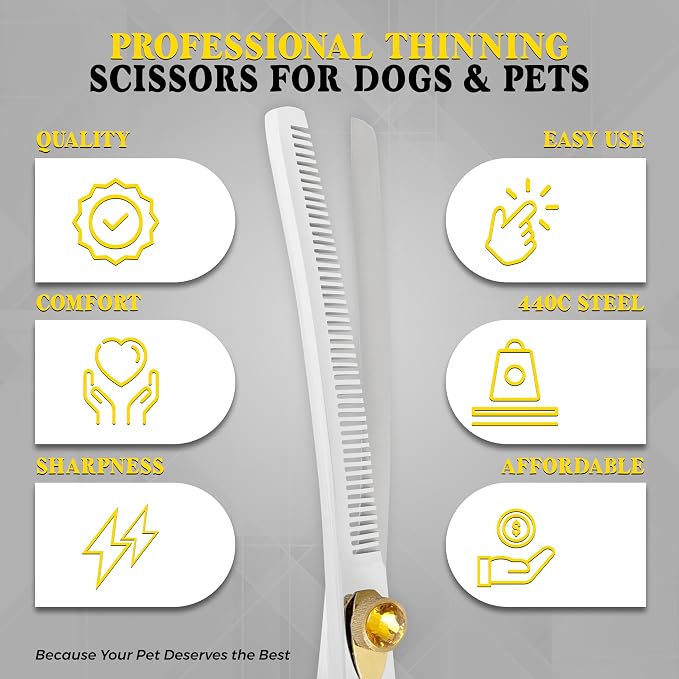 7.5” Curved Thinning Shears for Dogs and Cats – 34 Tooth Professional Pet Grooming Scissors – Smooth, Quiet Blending Shears for Face, Ears, Chest and Legs, Ergonomic Design for Home and Pro Use