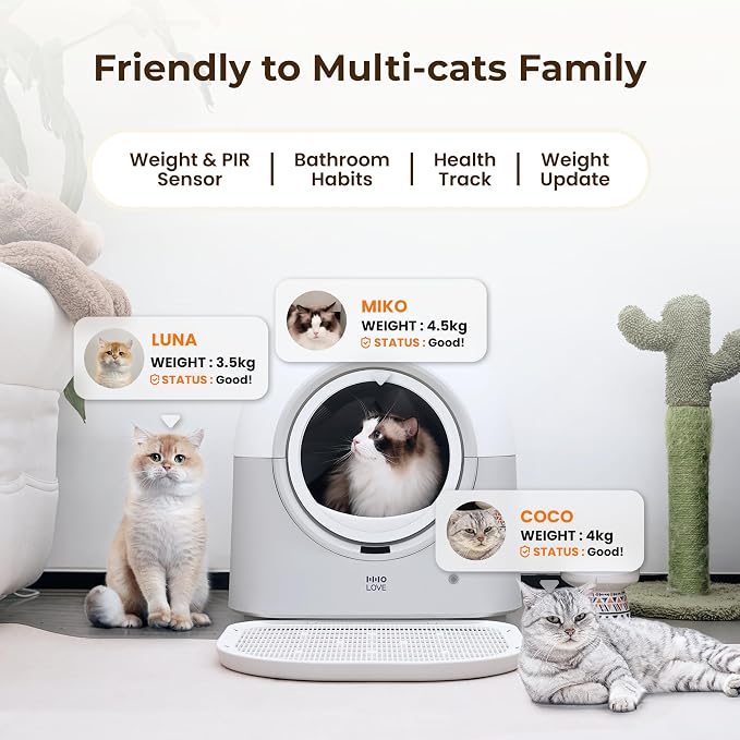 HHOLOVE Self Cleaning Cat Litter Box TY Pro, 60L Extra Large Open Automatic Litter Box App Control, Anti-Pinch for Multi Cats 3-20lbs, Advanced Odor Control with Mat&Liner(Grey)