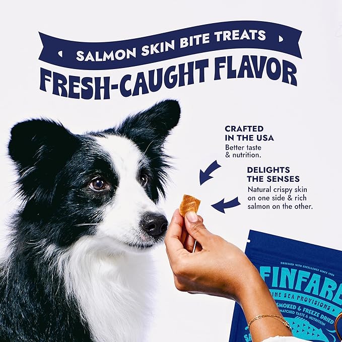 Finfare Freeze Dried Salmon Skin Treats for Dogs, Protein & Omega-3s, Grain Free Salmon Dog Training Treats, Crafted in USA, Bites - 2oz
