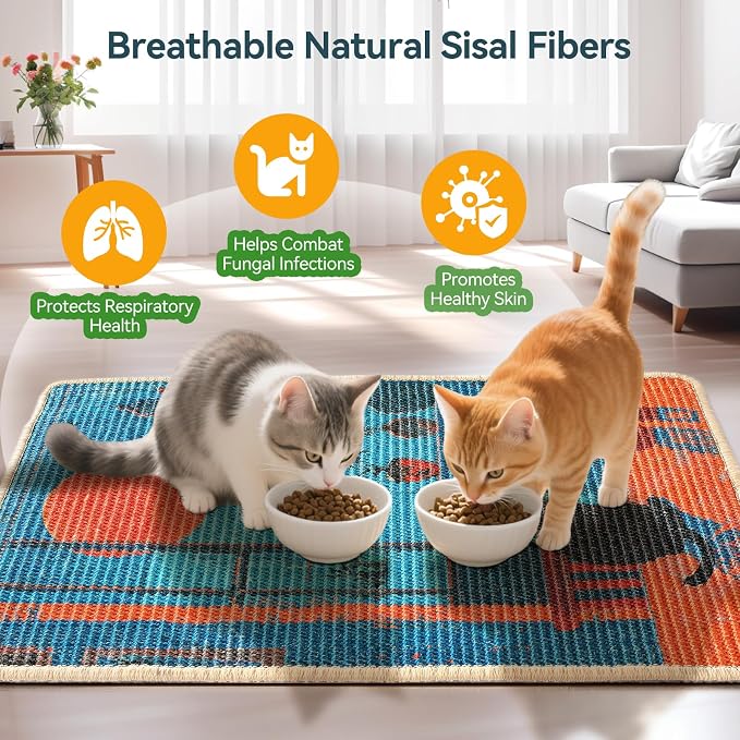 3-in-1 Sisal Cat Scratcher Mat 23.6x15.7'' – Floor & Wall Use with Sticker Tape, Protects Furniture, Couch & Carpet, Anti-Slip, Pet-Safe, Durable Scratch Rug Mat or Indoor/Outdoor Cats, Blue Silence