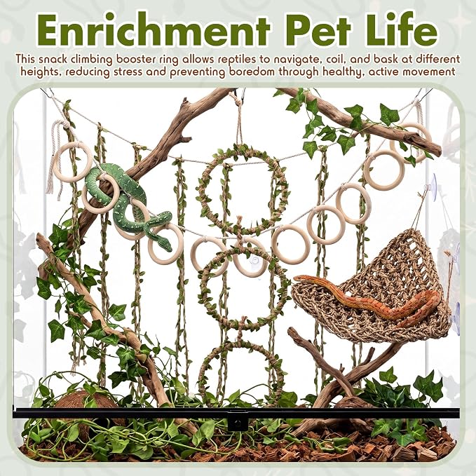 Nuogo 3 Pcs Snake Climbing Vines Climbing Rings Woven Hammock Reptile Enrichment Accessories Reptile Tank Cage Decor Habitat Accessories for Corn Snakes, Bearded Dragon, Chameleon, Lizard