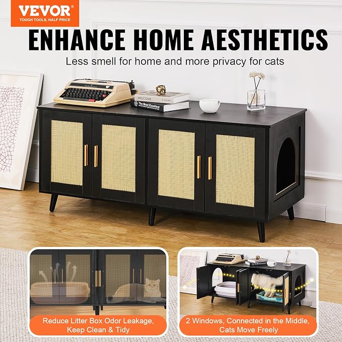 VEVOR Cat Litter Box Enclosure for 2 Cats, Litter Box Furniture Hidden with Double Rooms, Wooden Cat Box Cabinet Fit Most of Litter Box