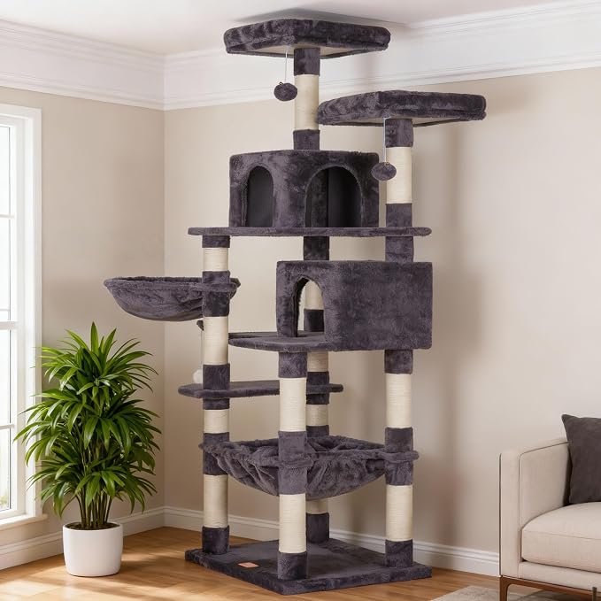 Heybly Cat Tree, 70 inches Tall Cat Tower condo with Toy for Indoor Large Cats, Cat House Furniture with Padded Plush Perch, Cozy Hammock and Sisal Scratching Posts,Smoky Gray HCT032G